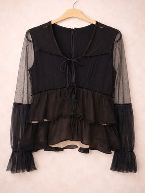 Black Sheer Mesh Peplum Top Polka Dot Tie Front Whimsigoth XS